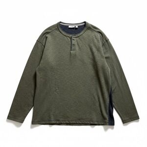 ROWM Mens Khaki Green Heather Henley Long Sleeve Shirt Big Size 3XB Cotton‎